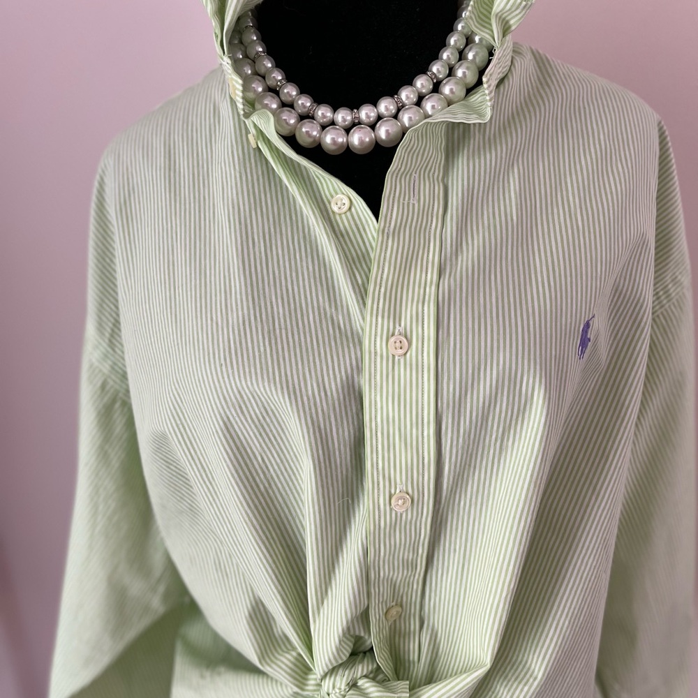 Ralph Lauren Light Green and White Striped Oxford Shirt - Picture 2 of 4